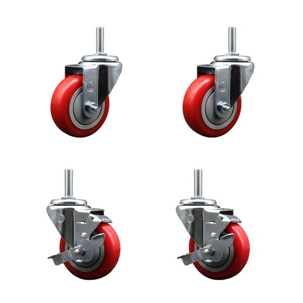 Service Caster 35 Inch Red Polyurethane Wheel Swivel 58 Inch Threaded Stem Caster Set 2 Brakes SCC SCC-TS20S3514-PPUB-RED-58212-2-TLB-2 - main